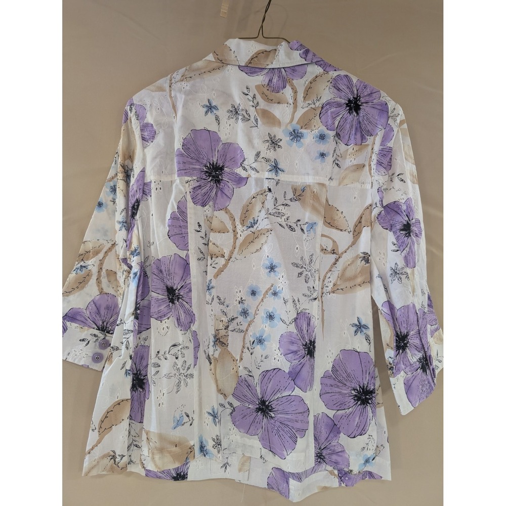 ALLISON DALEY Petite 16P Blouse White Purple Floral 3/4 Sleeve Button Eyelet - Picture 3 of 3